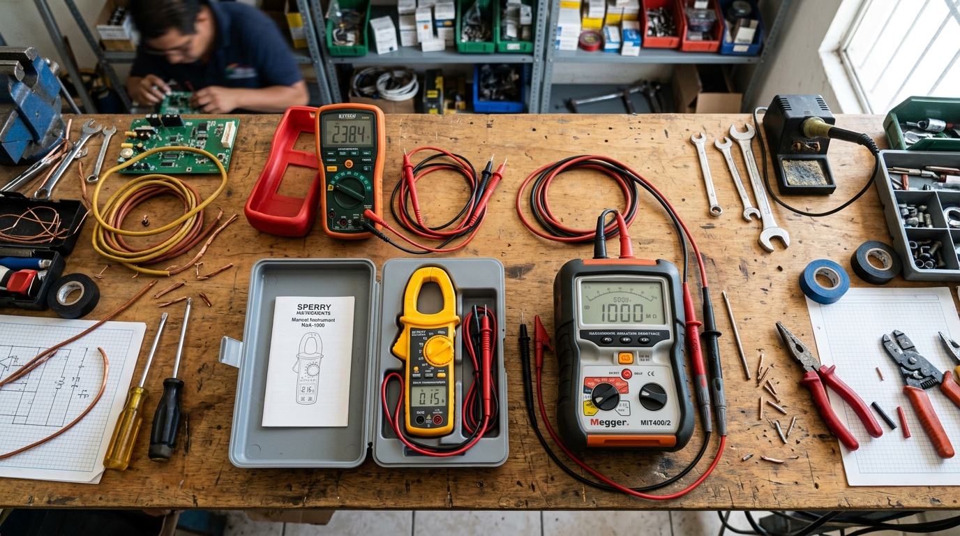 Vista superior de un mesón de taller eléctrico con multímetro digital, amperímetro de gancho y megóhmetro acomodados para inspección