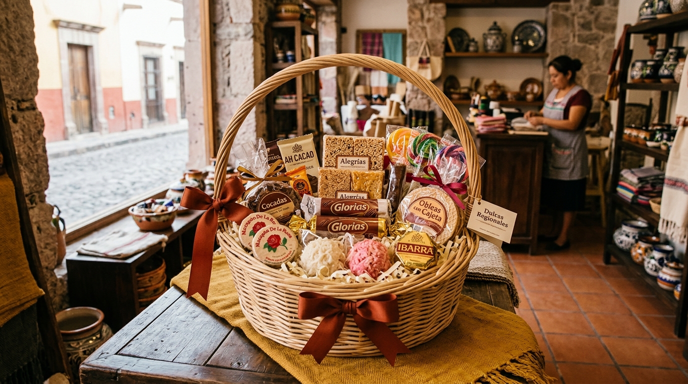 Canasta de mimbre con dulces mexicanos para regalo ejecutivo
