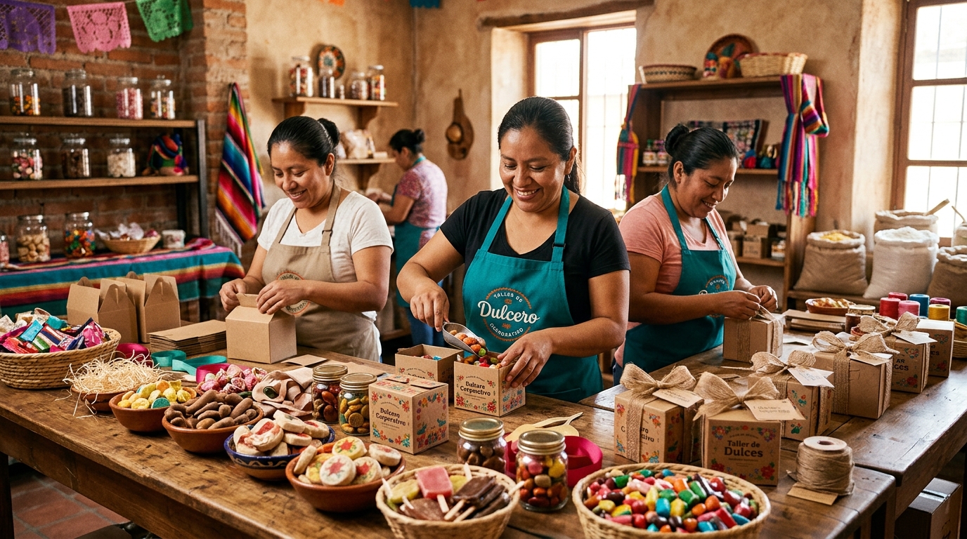 Línea de ensamble de dulceros corporativos en taller de dulcería