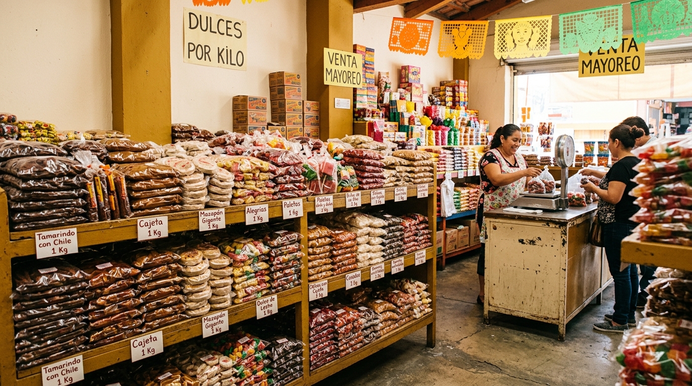 Bolsas de dulces típicos mexicanos acomodadas por kilo en una dulcería mayorista