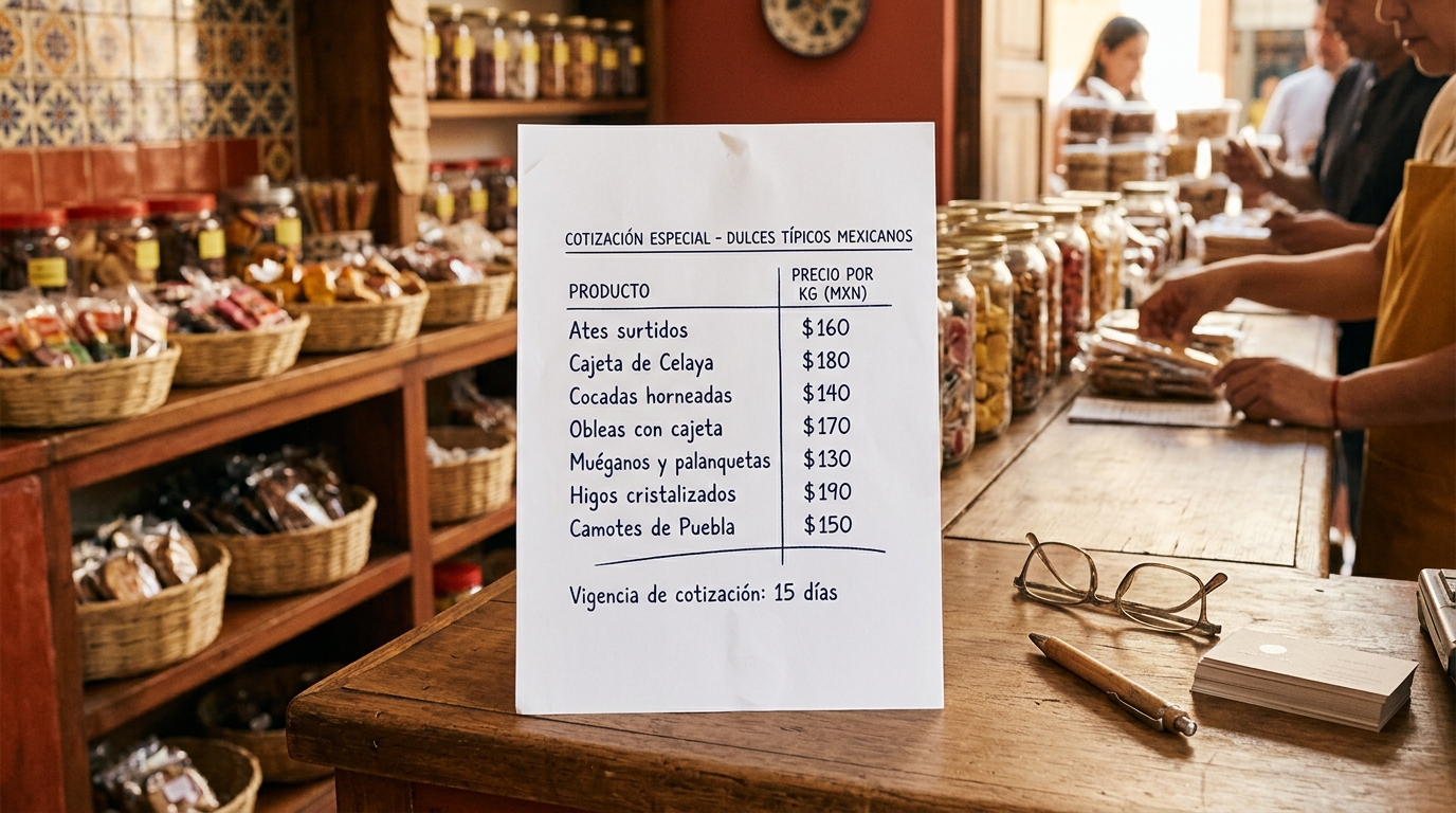 Cotización impresa de dulces típicos con lista de precios por kilo en hoja blanca