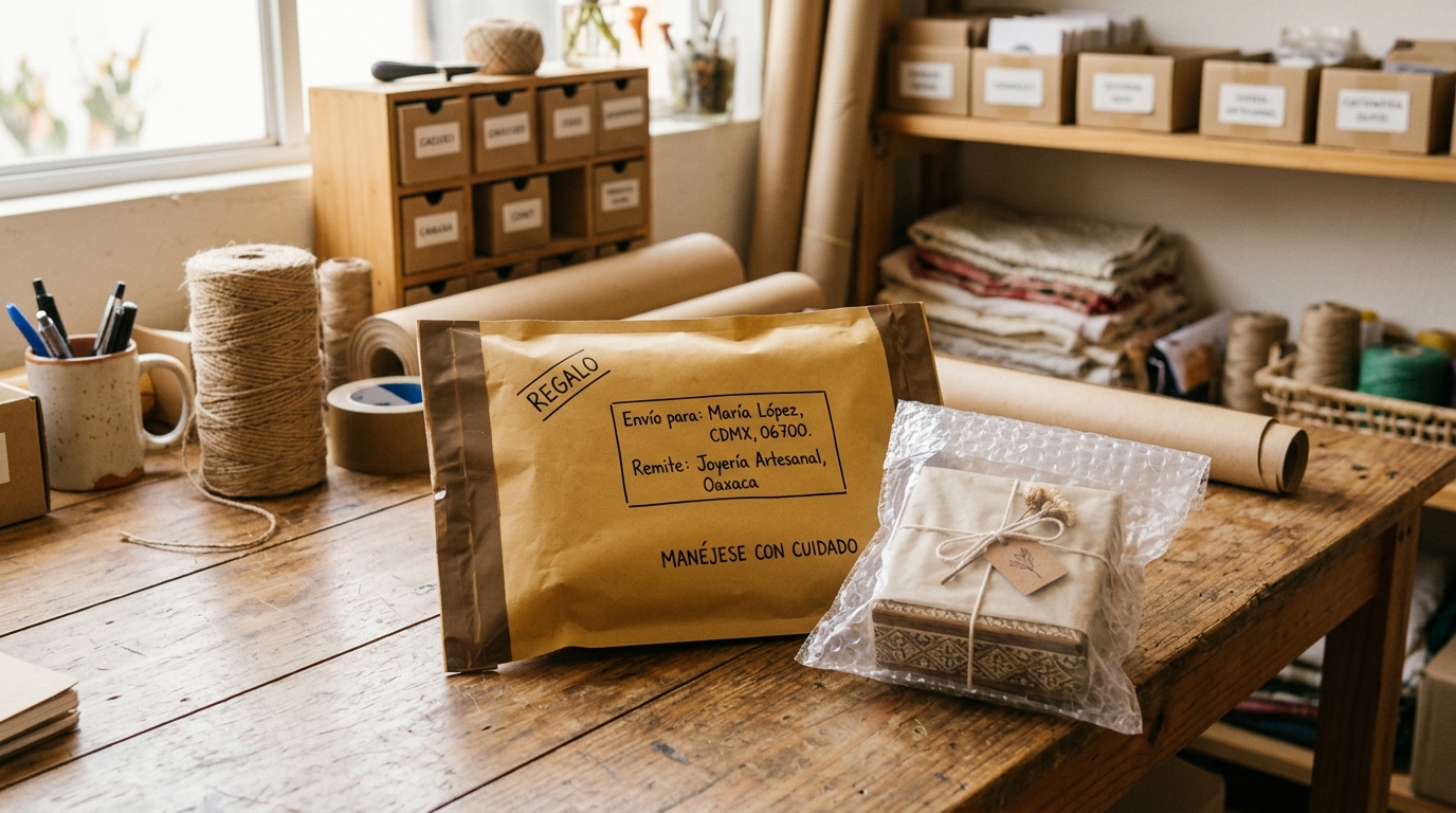 Caja de joyería de fantasía envuelta en papel tissue dentro de bolsa de burbujas y bolsa kraft sellada lista para envío