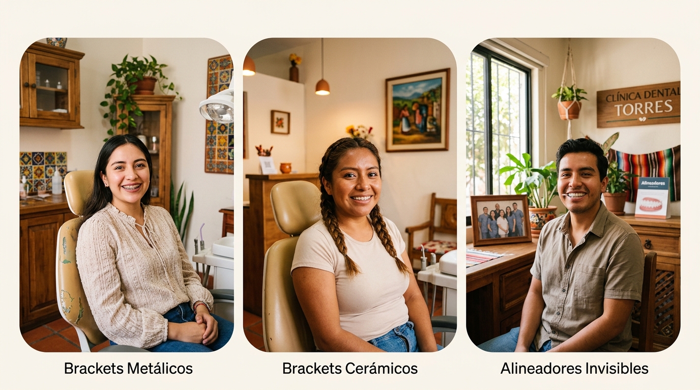 Comparativa visual entre brackets metálicos, cerámicos y alineadores invisibles colocados en paciente