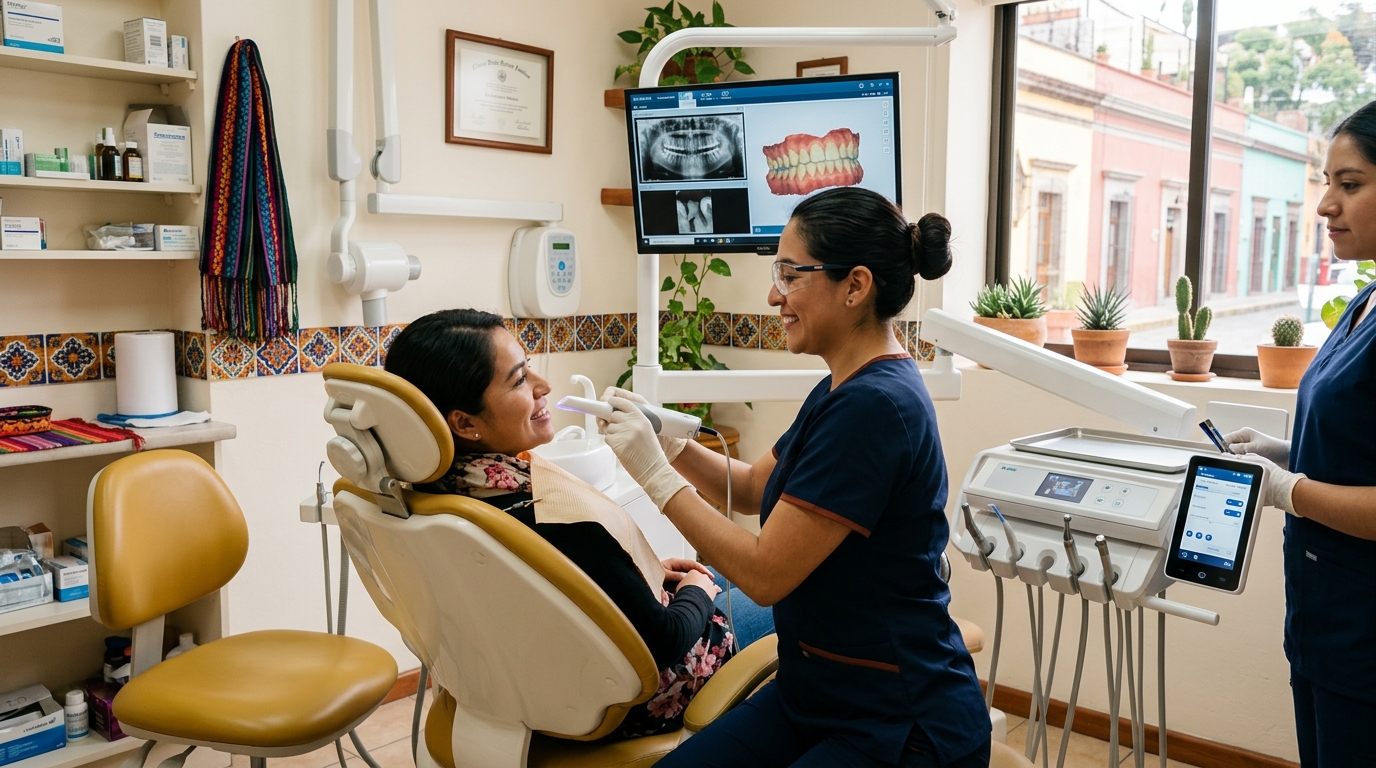 Sillón dental moderno con motor de endodoncia, escáner intraoral y pantalla de diagnóstico por imagen