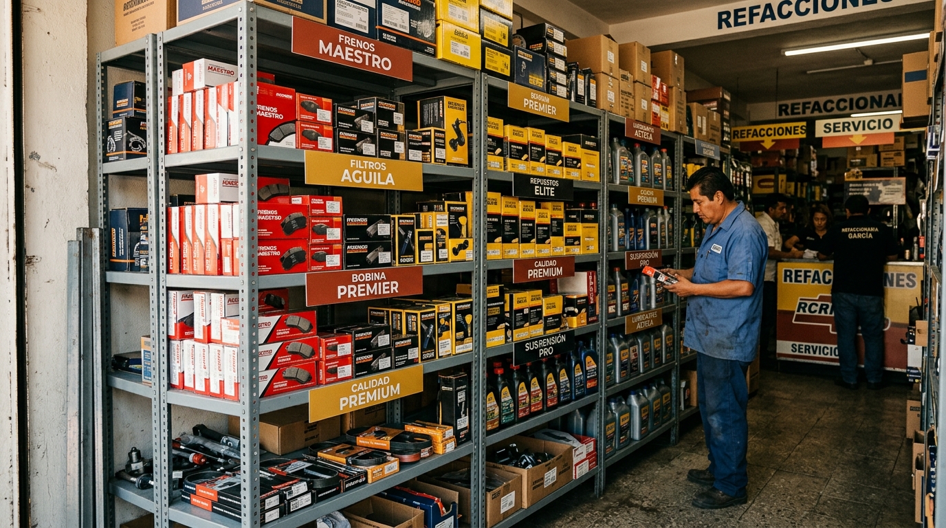 Pasillo de refaccionaria con marcas aftermarket premium alineadas en estantería metálica