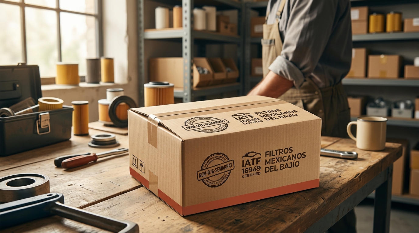Caja de filtro con sello NOM-076 y certificado IATF 16949 visibles en el empaque