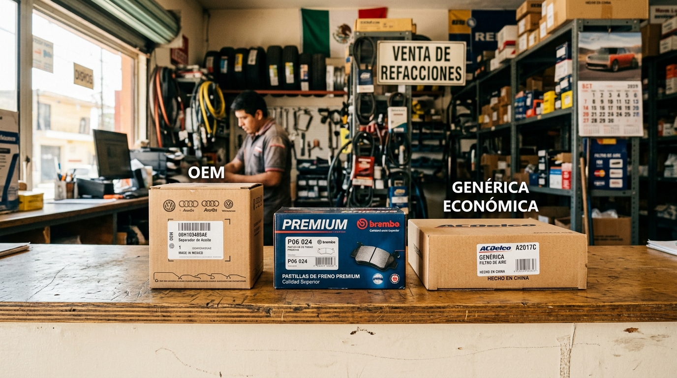 Tres cajas de refacciones alineadas en un mostrador de refaccionaria: una con logo OEM, una premium en caja azul y una genérica económica