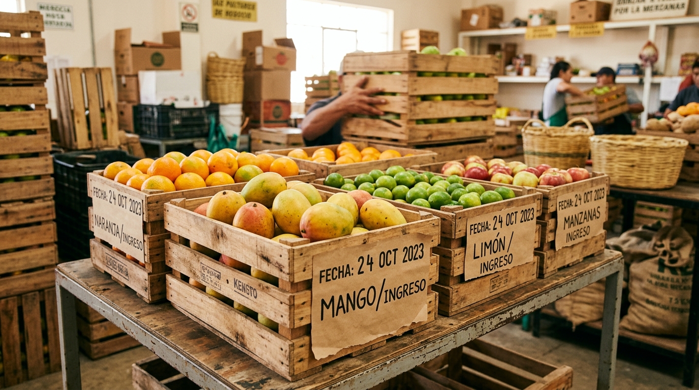 Cajas de frutas con etiquetas de fecha de ingreso escritas con marcador