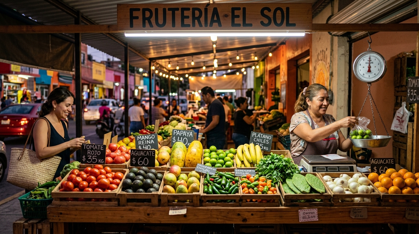 Mostrador de verdulería iluminado con luz LED neutra resaltando frutas y verduras