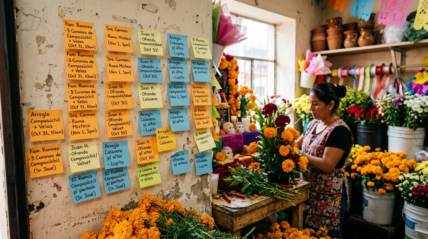 Notas adhesivas con pedidos de arreglos para Día de Muertos pegadas en la pared de una florería de barrio