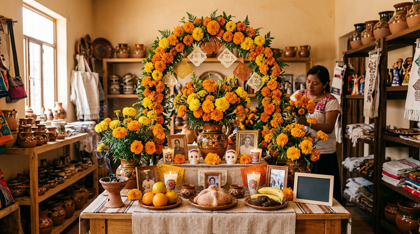 Arreglo tradicional de cempasúchil sobre ofrenda de Día de Muertos