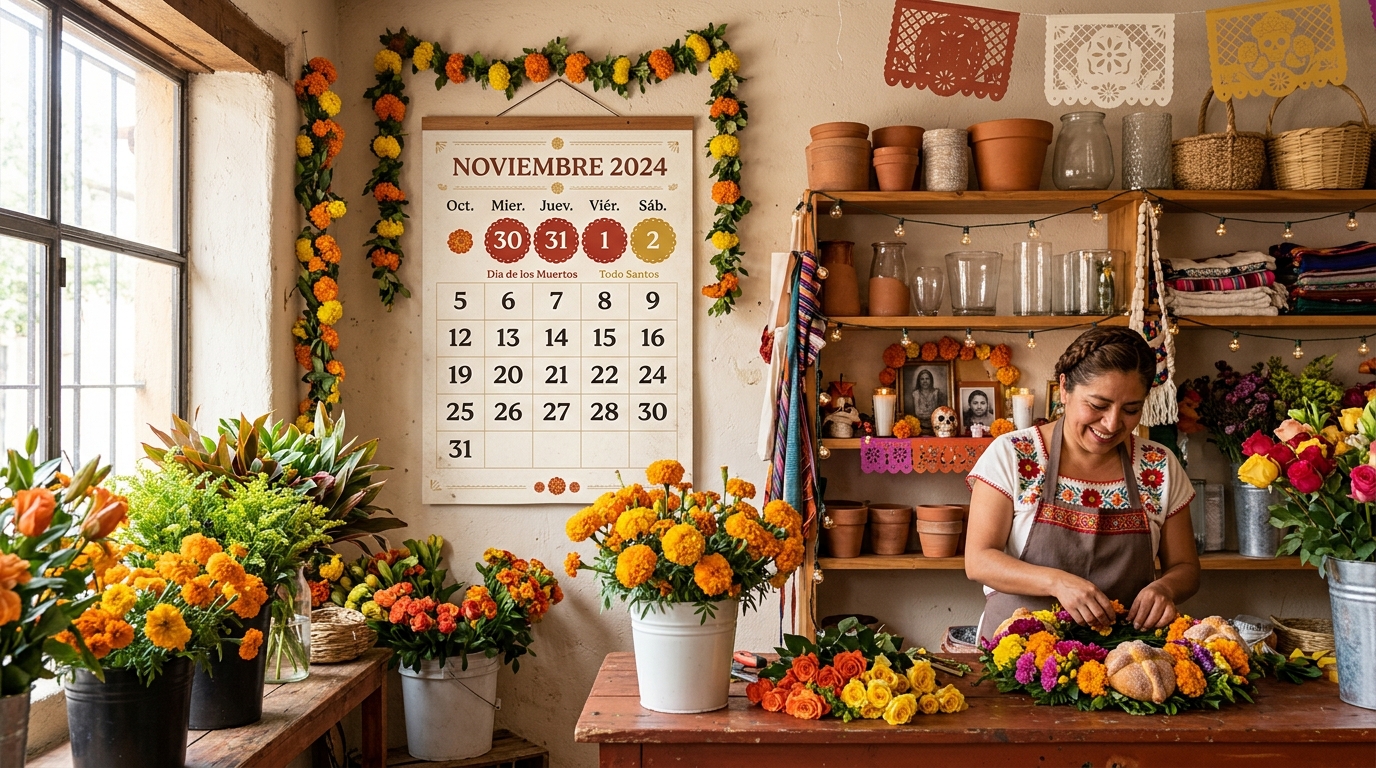 Calendario mural de florería con fechas pico del 30 de octubre al 2 de noviembre marcadas en rojo
