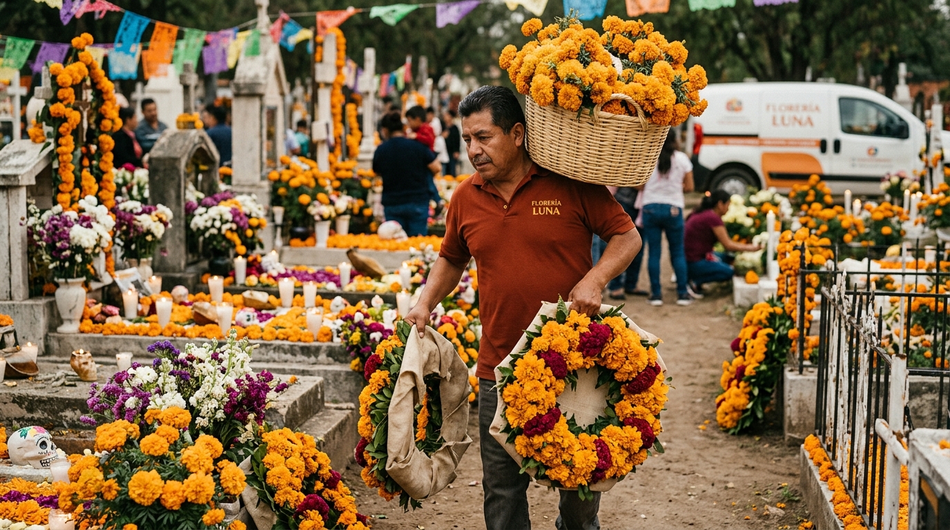 Chofer de florería entregando arreglos de cempasúchil en panteón