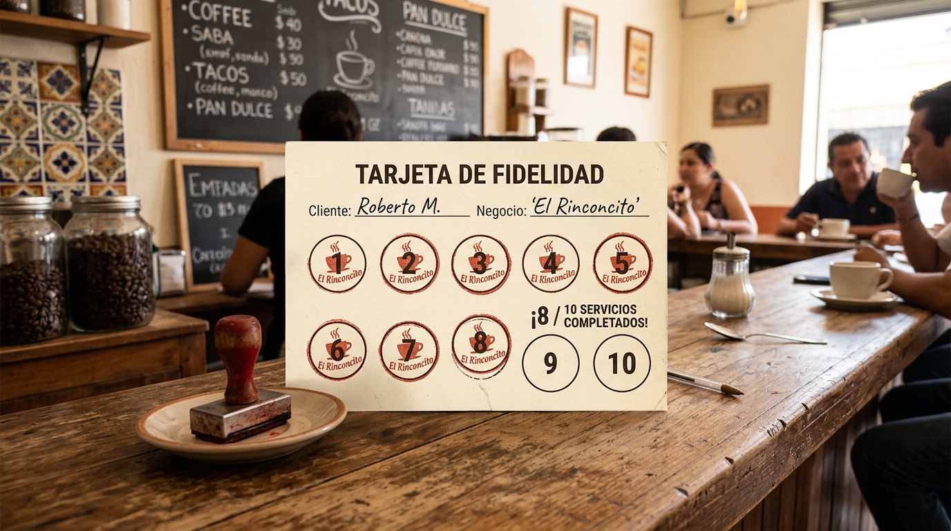 Tarjeta de fidelidad sellada con 8 de 10 servicios completados