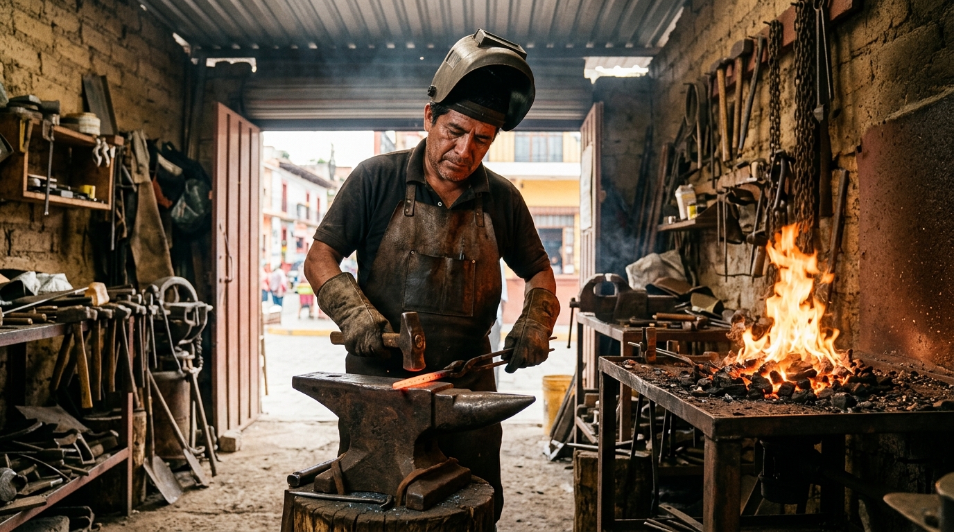 Herrero mexicano con mandil de carnaza, guantes y careta trabajando junto a fragua encendida