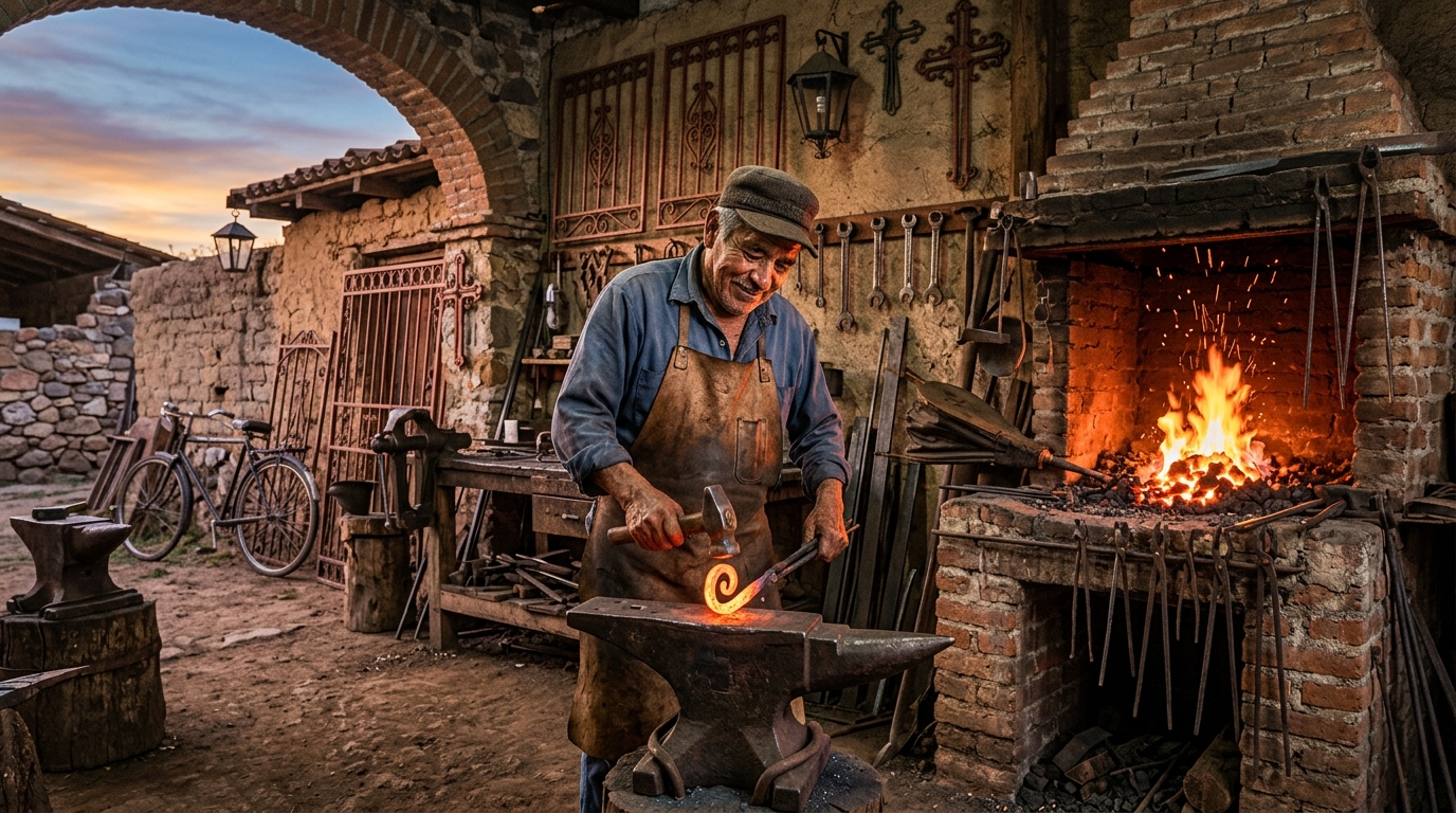 Taller de herrería tradicional mexicana con fragua encendida al amanecer