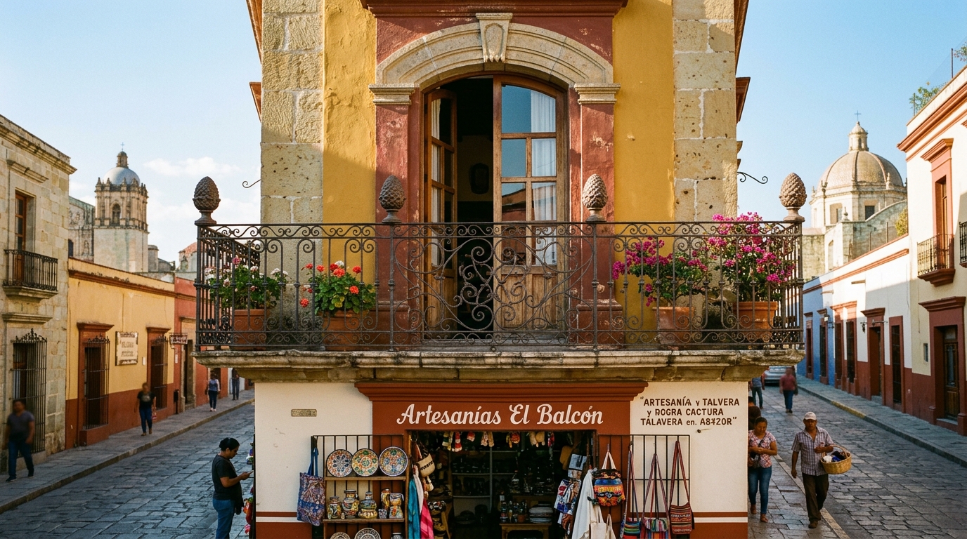 Balcón de forja artística con roleos y remates de piña en edificio colonial del centro histórico
