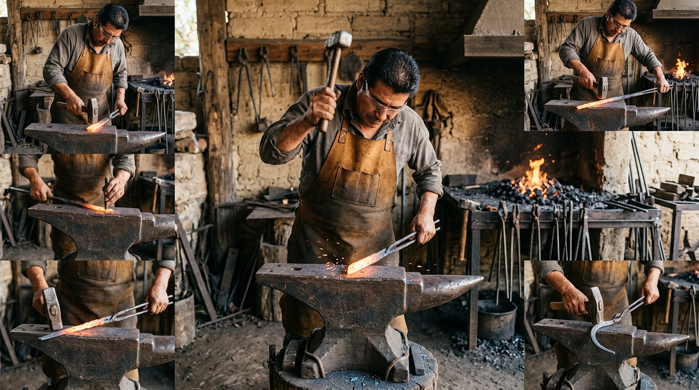 Cinco técnicas tradicionales de forjado ejecutadas sobre yunque de herrero