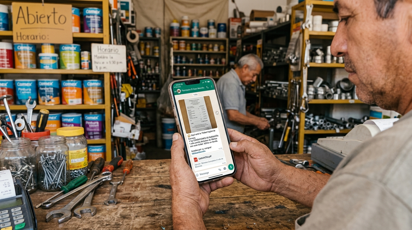 Mensaje de WhatsApp mostrando condiciones de garantía y ticket digital de compra en ferretería