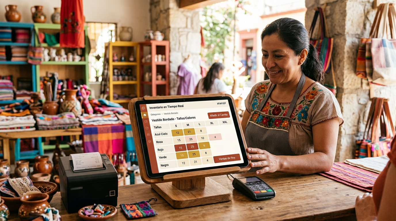 Alt: pantalla de sistema POS mostrando matriz de tallas y colores con inventario en tiempo real