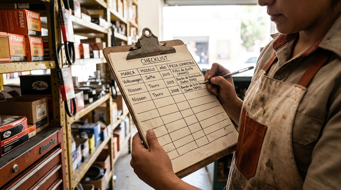 Lista de cotejo con columnas de marca, modelo, año y pieza compatible