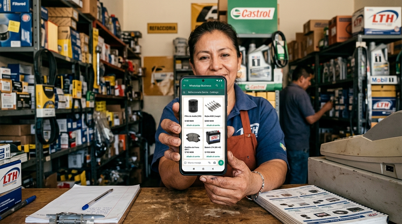Pantalla de celular mostrando catálogo de WhatsApp Business con piezas de refaccionaria