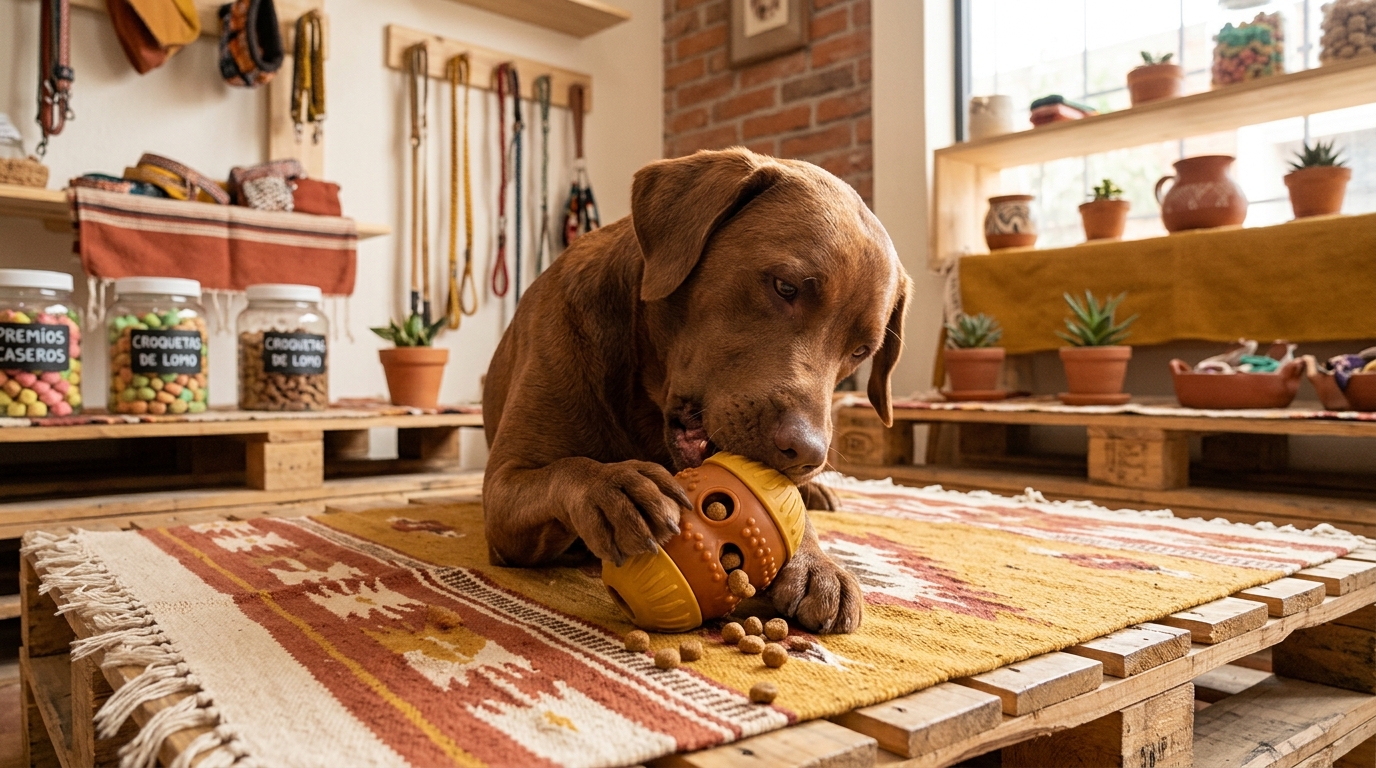 Perro labrador mordiendo juguete dispensador de premios con croquetas visibles