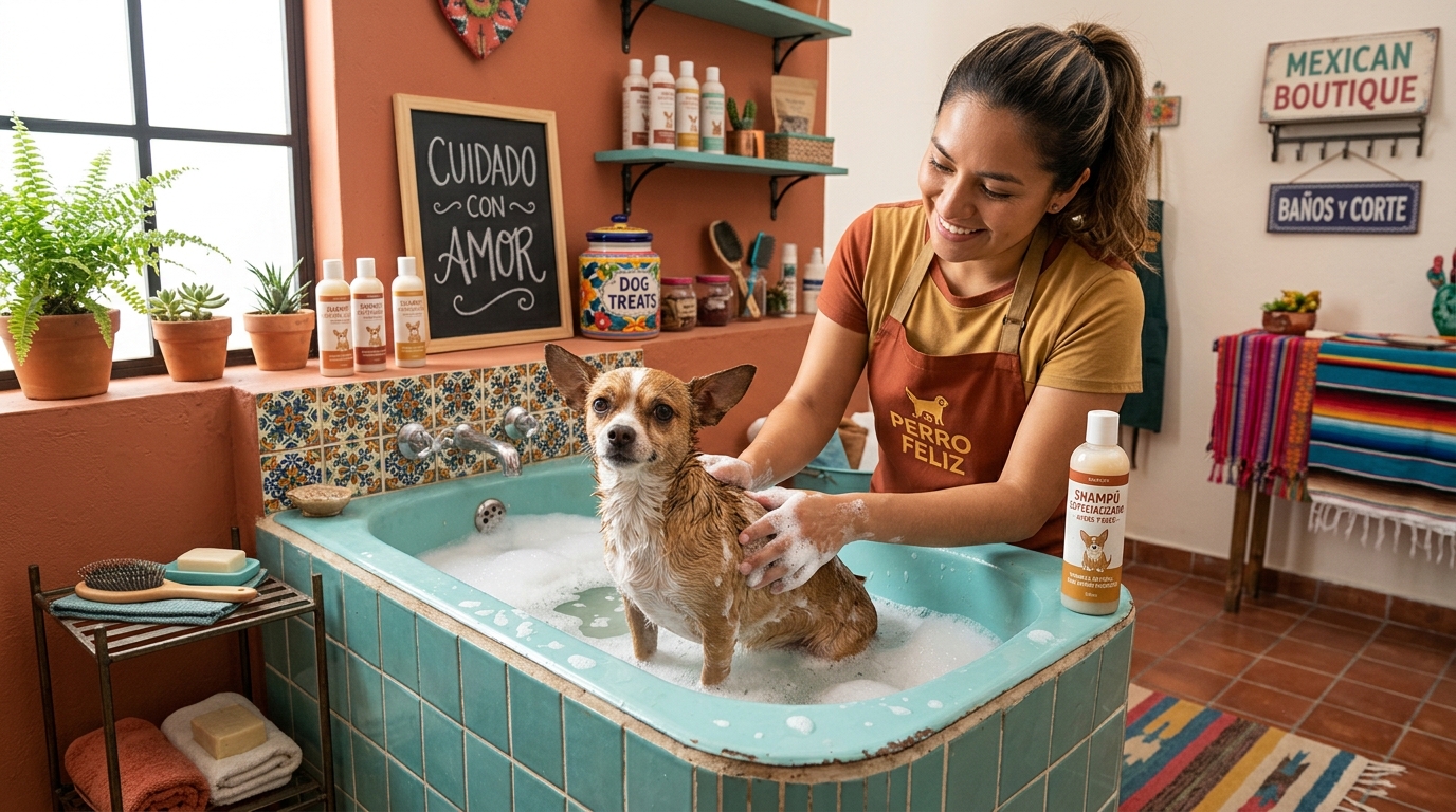 Perro pequeño siendo bañado con champú especializado en una tina de boutique de mascotas
