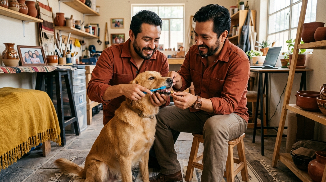dueño cepillando dientes a su perro mientras le ofrece premio como recompensa