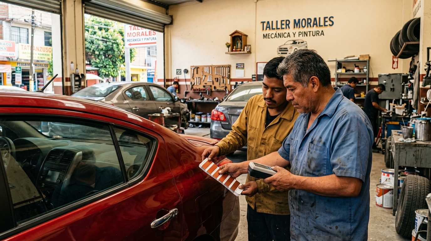 Taller de hojalatería y pintura revisando coincidencia de tono en panel reparado