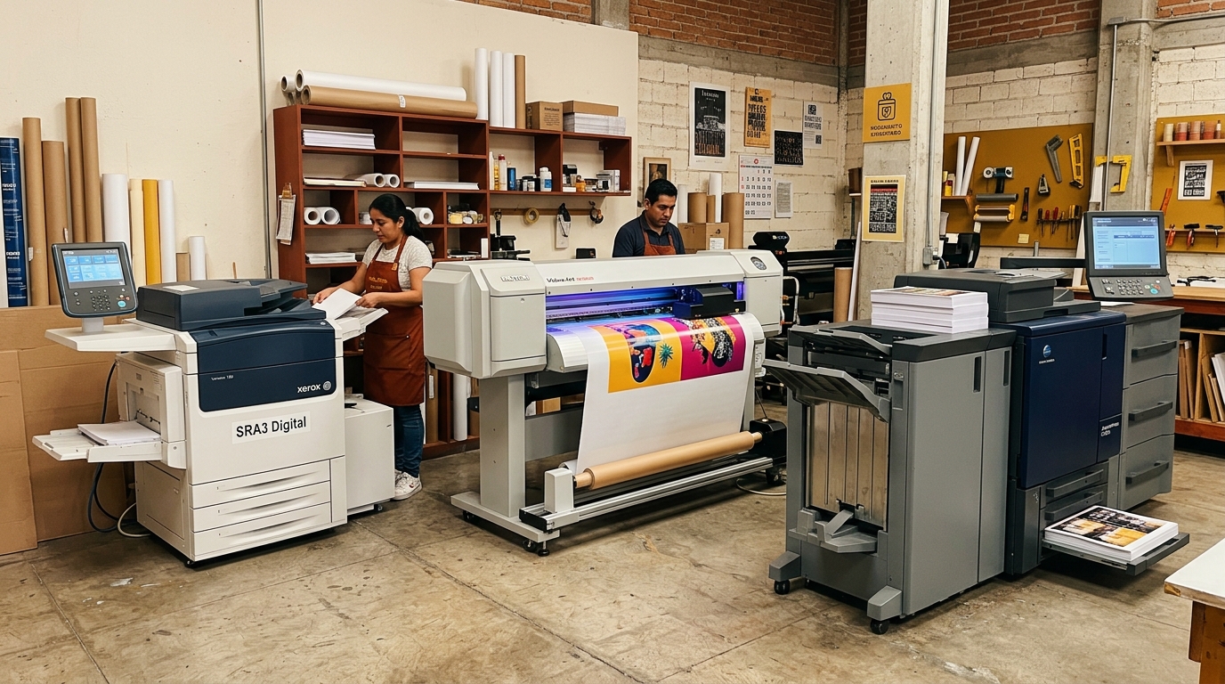 Tres equipos de impresión digital alineados en taller: multifuncional SRA3, plotter UV y prensa de producción