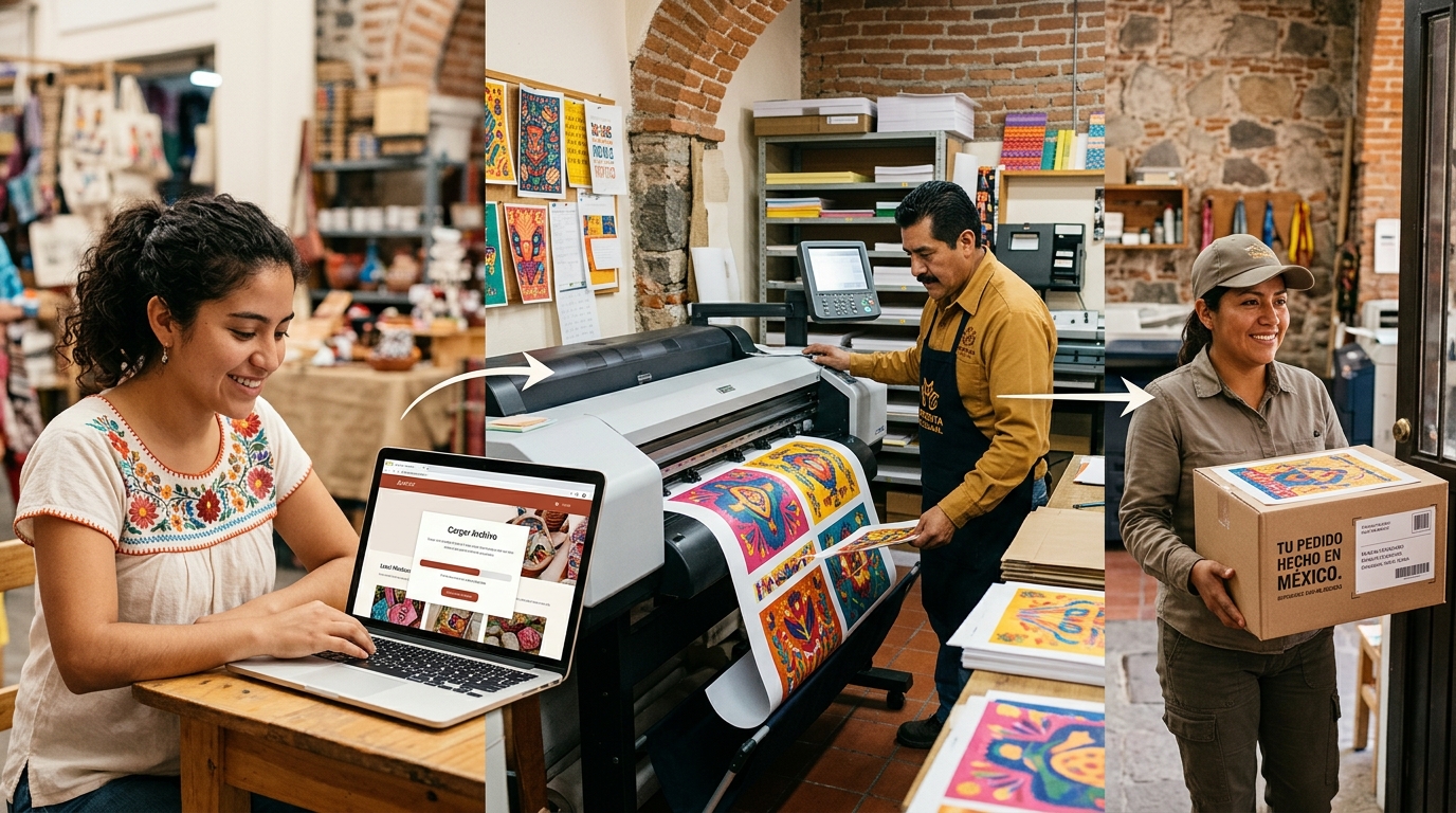 Flujo de trabajo web-to-print: cliente sube archivo en laptop, plataforma procesa, imprenta produce y entrega a domicilio