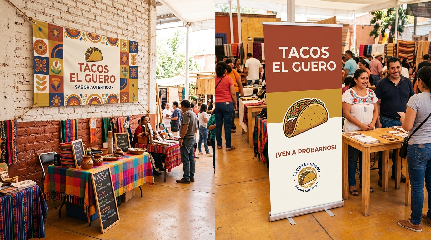 Comparativa visual entre banner fijo colgado en pared de local y roll-up retractil armado en piso de expo