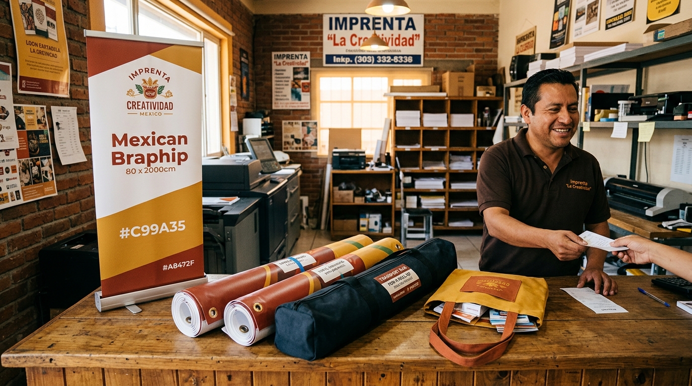 Kit completo entregado al cliente con roll-up armado, banner colgante enrollado y bolsa de transporte en mostrador de imprenta
