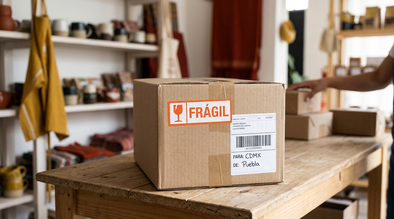Caja de cartón kraft con etiqueta de frágil lista para envío por paquetería