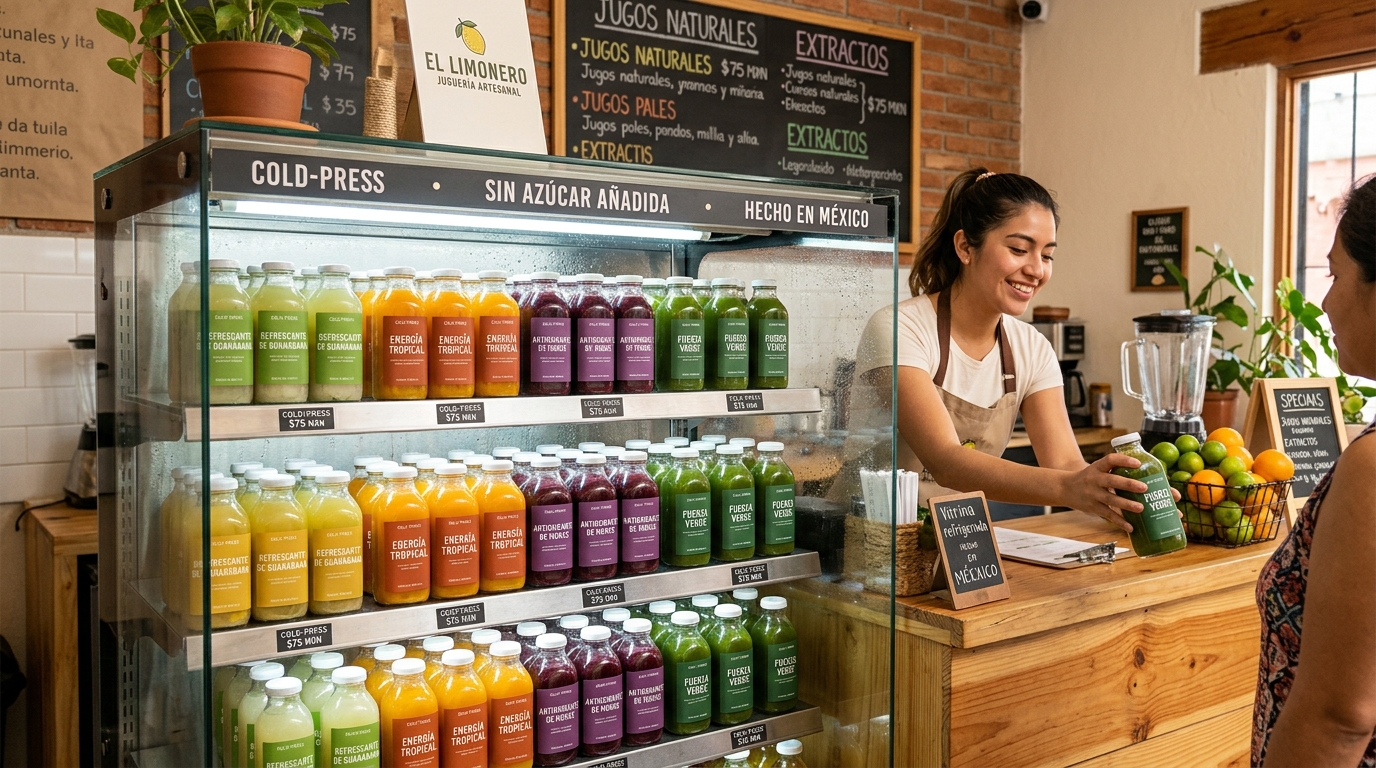 Vitrina refrigerada con botellas de jugos funcionales cold press etiquetadas en juguería