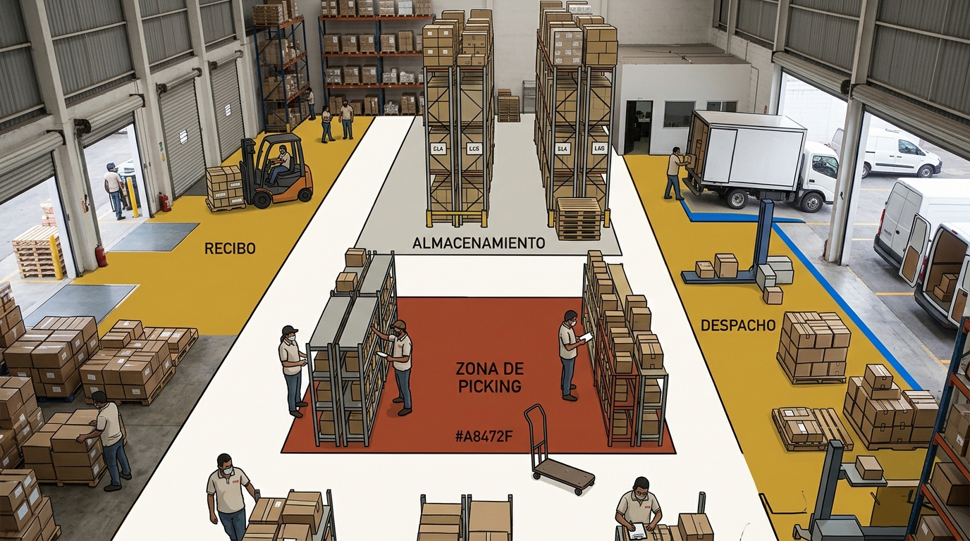 Diagrama de piso de almacén de distribución con zonas de recibo, almacenamiento, picking y despacho marcadas en colores
