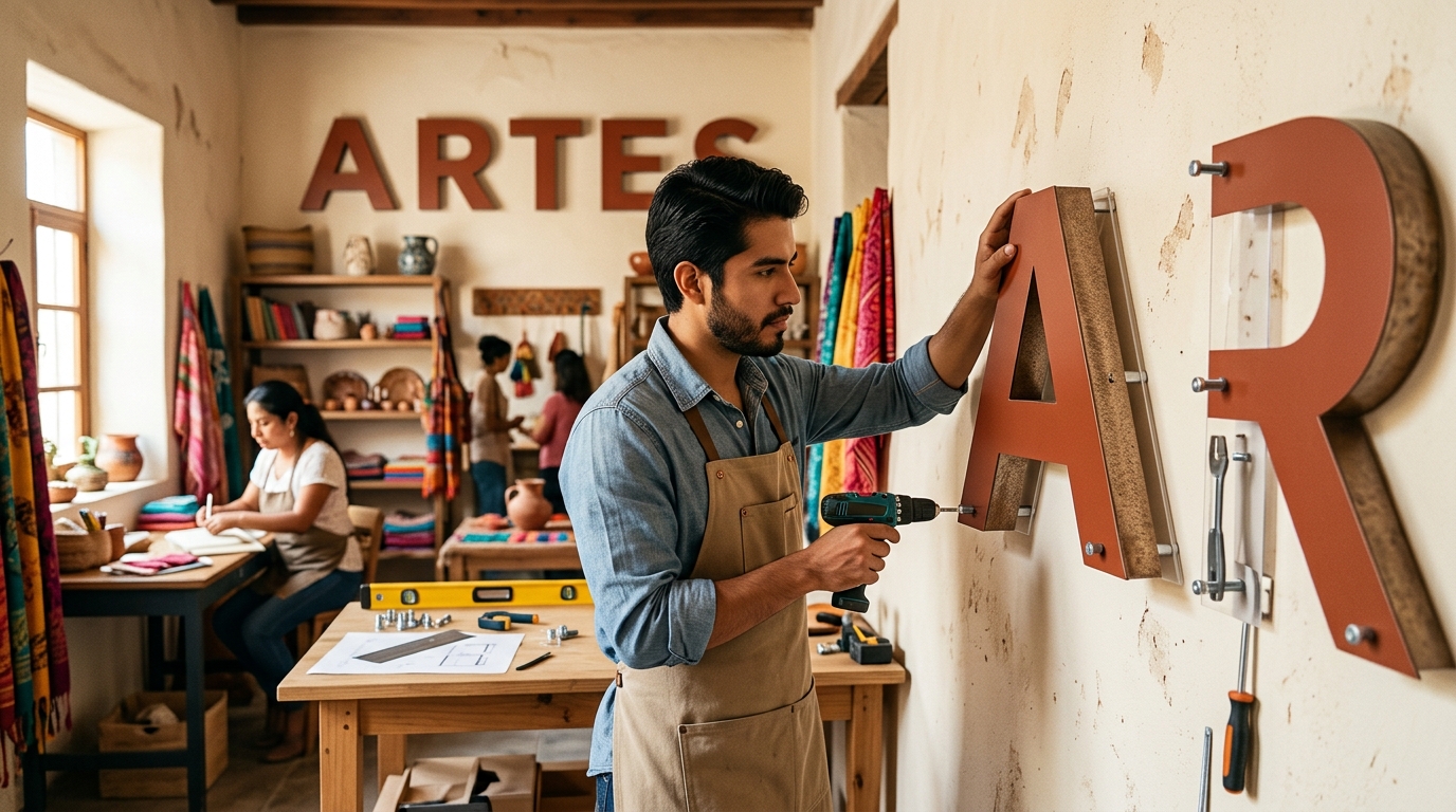 Instalación de letras corpóreas con pernos y separadores sobre muro interior