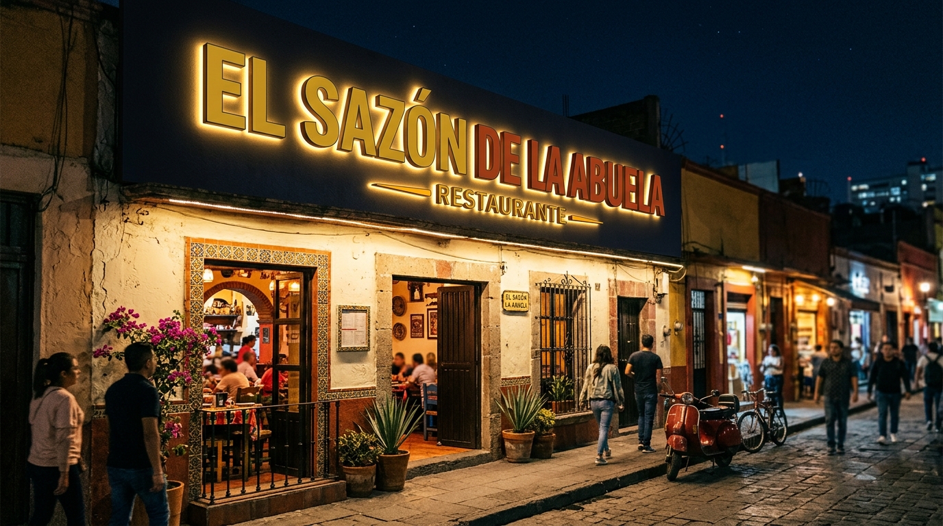 Rótulo luminoso de letras de cajón con frente iluminado en fachada nocturna