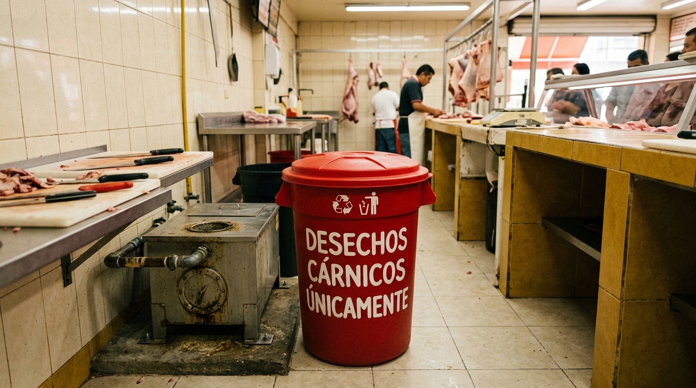 Contenedor rojo con tapa para desechos cárnicos junto a trampa de grasa en carnicería