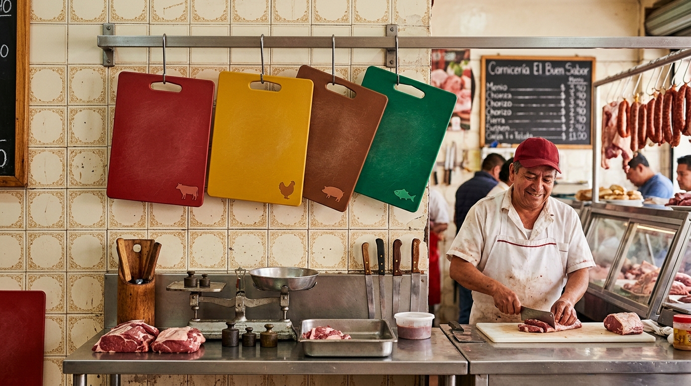 Conjunto de tablas de picar de colores colgadas en pared de carnicería, una por tipo de carne