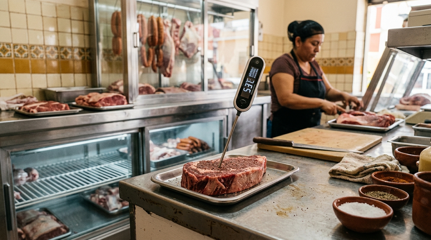 Termómetro digital clavado en bistec sobre mostrador refrigerado de carnicería