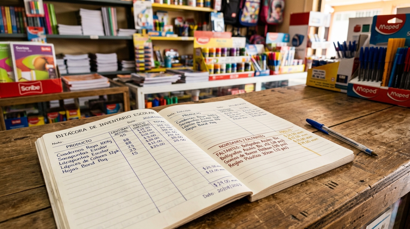 Alt: Bitácora de inventario escolar abierta en una papelería con anotaciones de piezas faltantes y precios