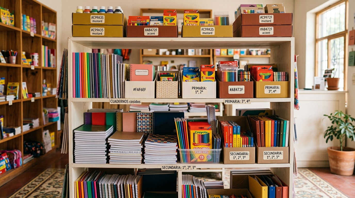 Alt: Estantería de papelería con cuadernos profesionales y cajas de colores ordenadas por nivel escolar