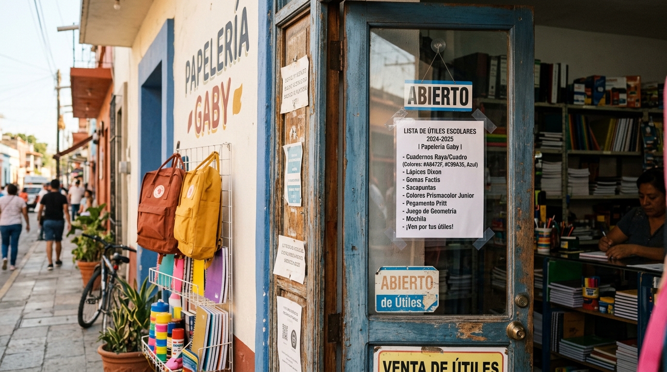 Alt: Lista de útiles escolares impresa plastificada pegada en la puerta de una papelería de colonia