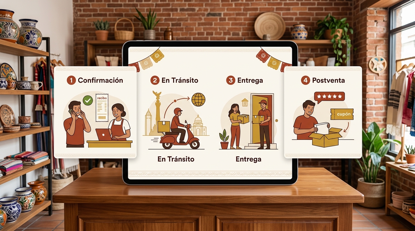 Diagrama de los puntos de contacto con el cliente durante el envío: confirmación, en tránsito, entrega y postventa
