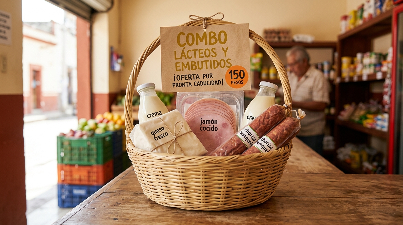 Canasta con combo de productos lácteos y embutidos en oferta por pronta caducidad