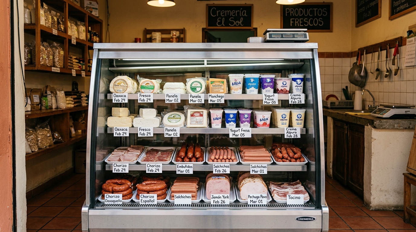 Refrigerador de cremería con productos lácteos y embutidos organizados por fecha