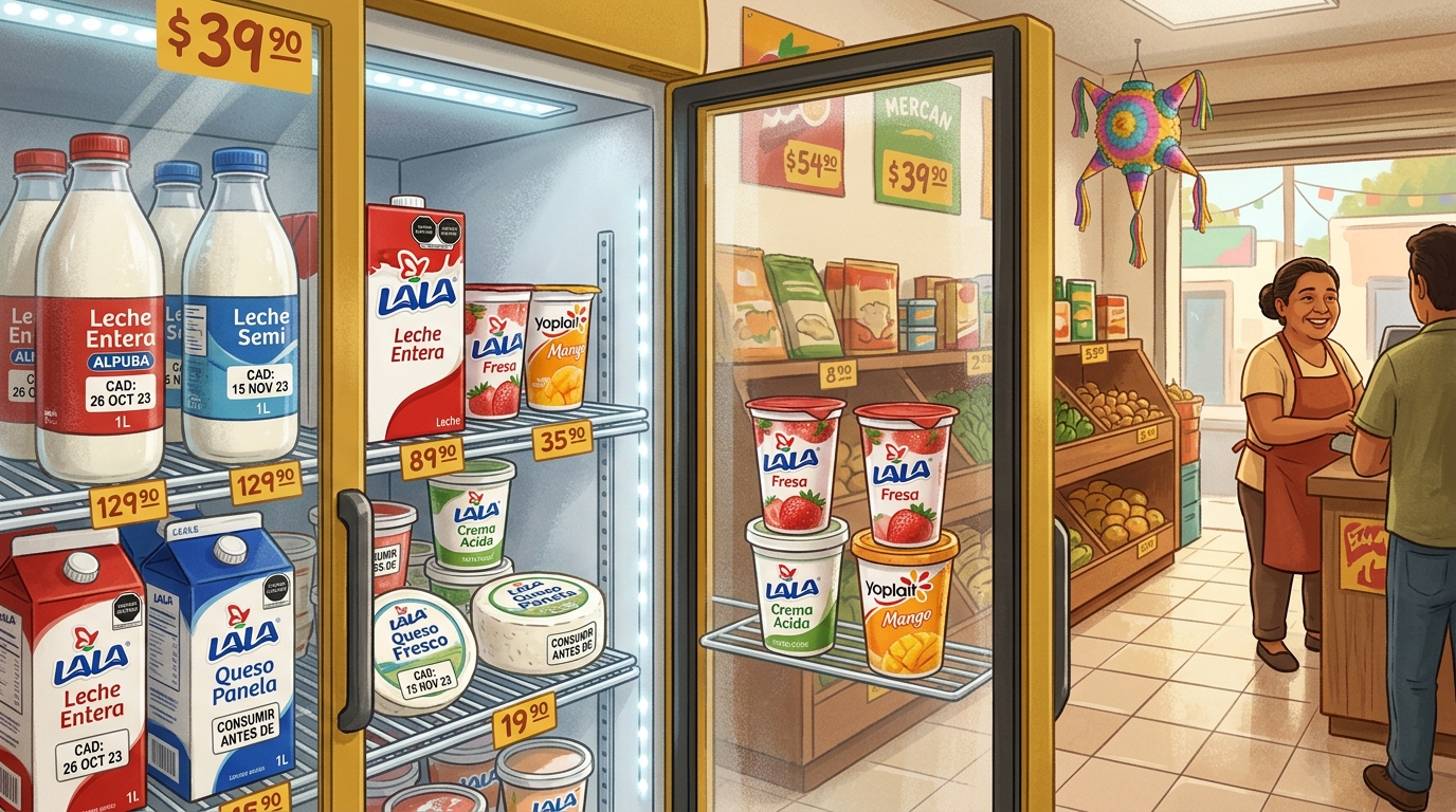 Productos lácteos con etiquetas de fecha de caducidad visibles en refrigerador