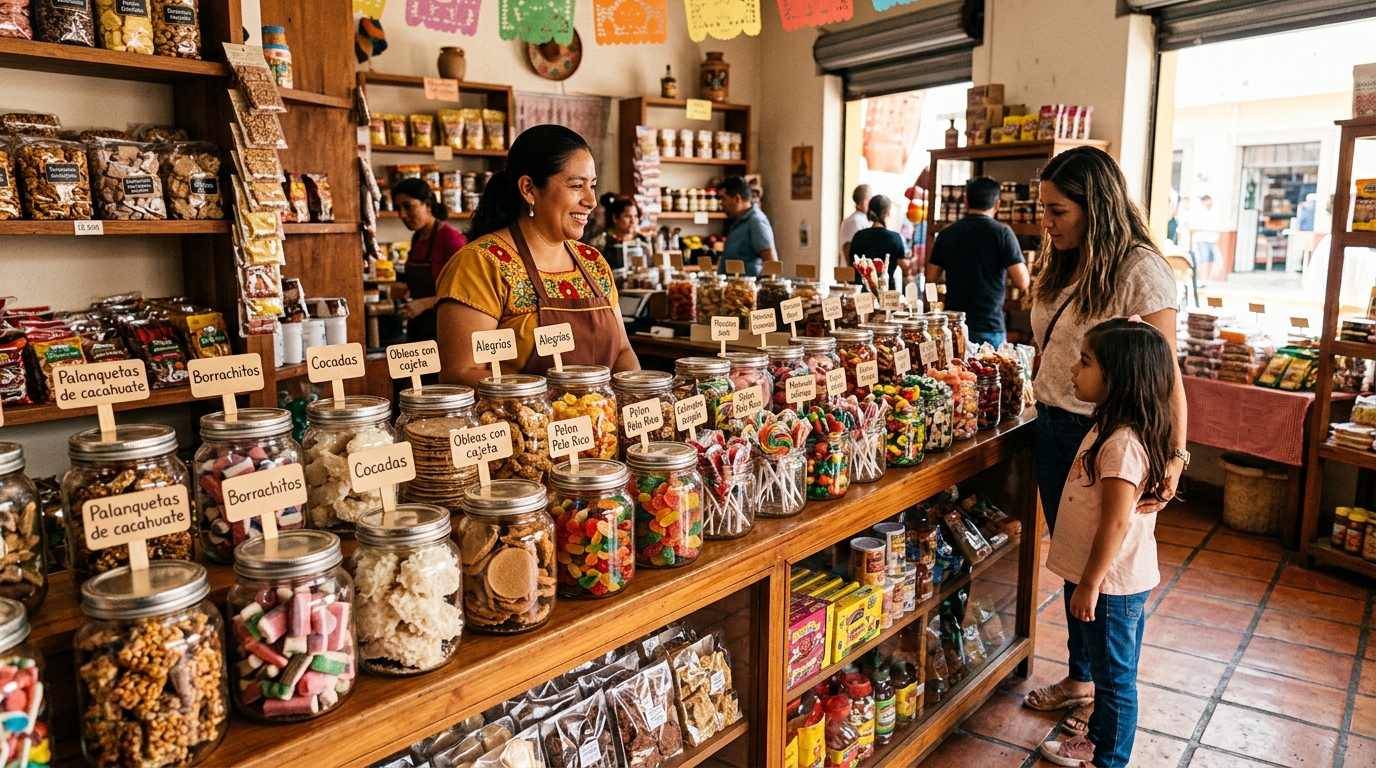 Mostrador de dulcería con exhibidor a la altura ideal, dulces sueltos visibles desde 2 metros